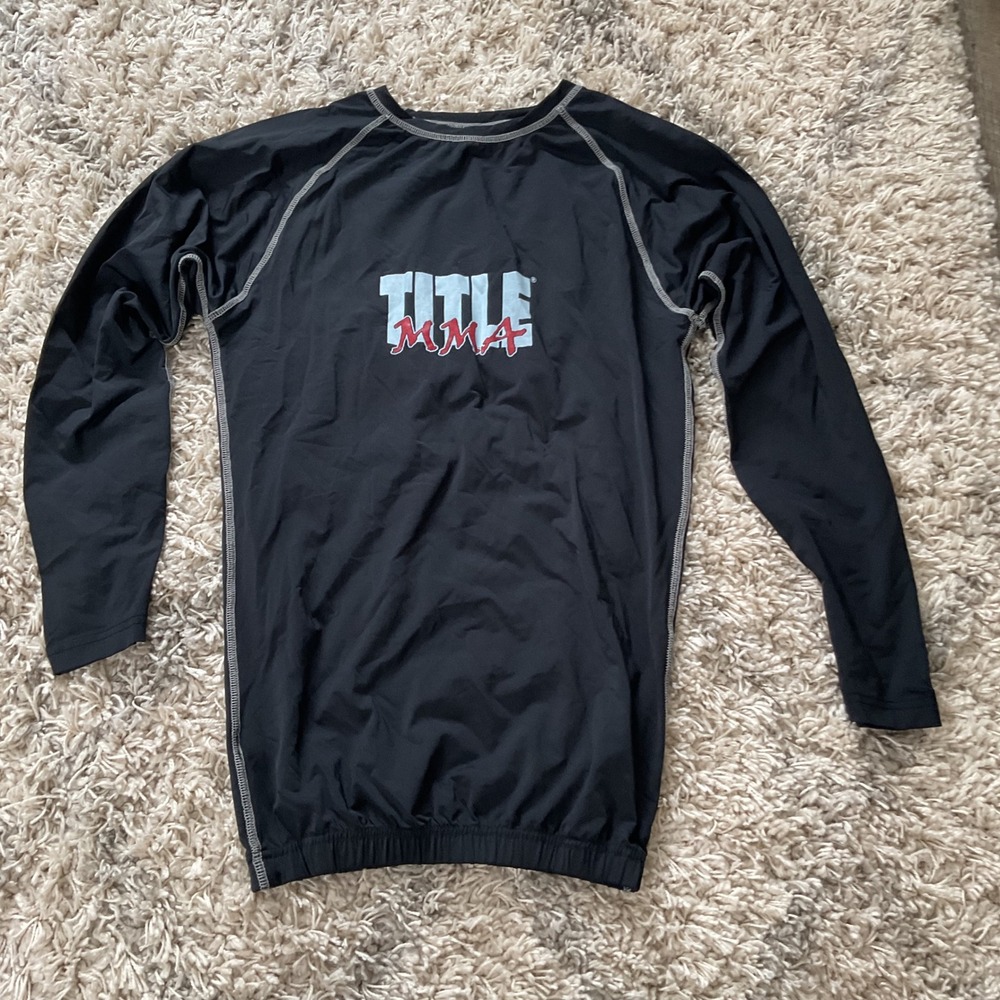 Title MMA Mens Long Sleeve Rash Guard Compression Shirt Black Grey Stitching